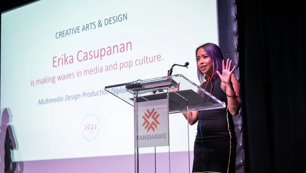 Erika Casupanan speaking at Fanshawe College